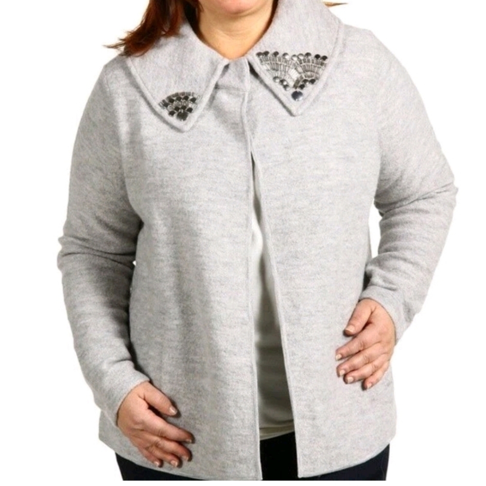 Jones New York Gray Merino Wool Embellished Jacket Small Elegant